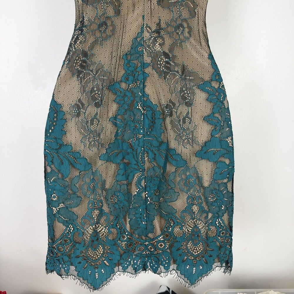 bebe Lace Mini Dress Sz 2 Teal Black Nude Floral Y2K Lingerie Romantic Coquette - Picture 9 of 12